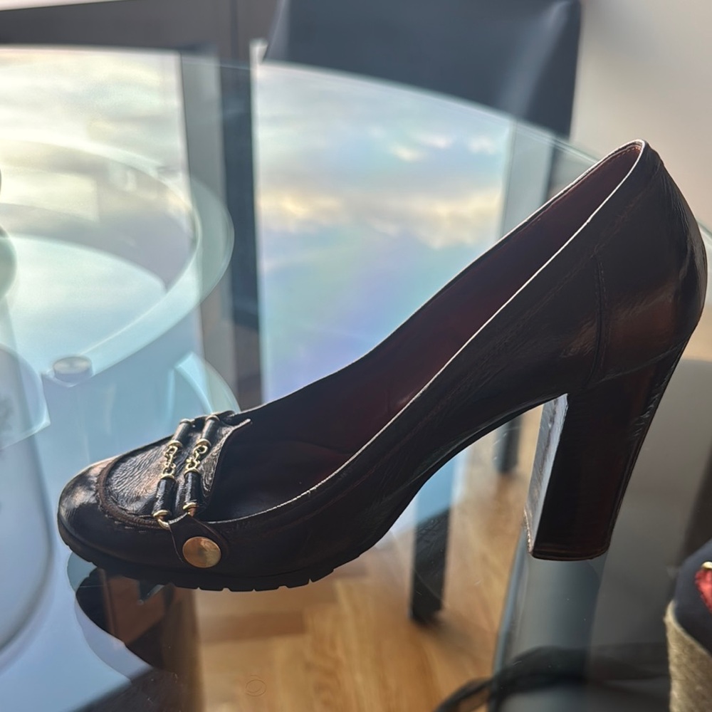 Burgundy Chunky Heel Peep-Toe Pumps